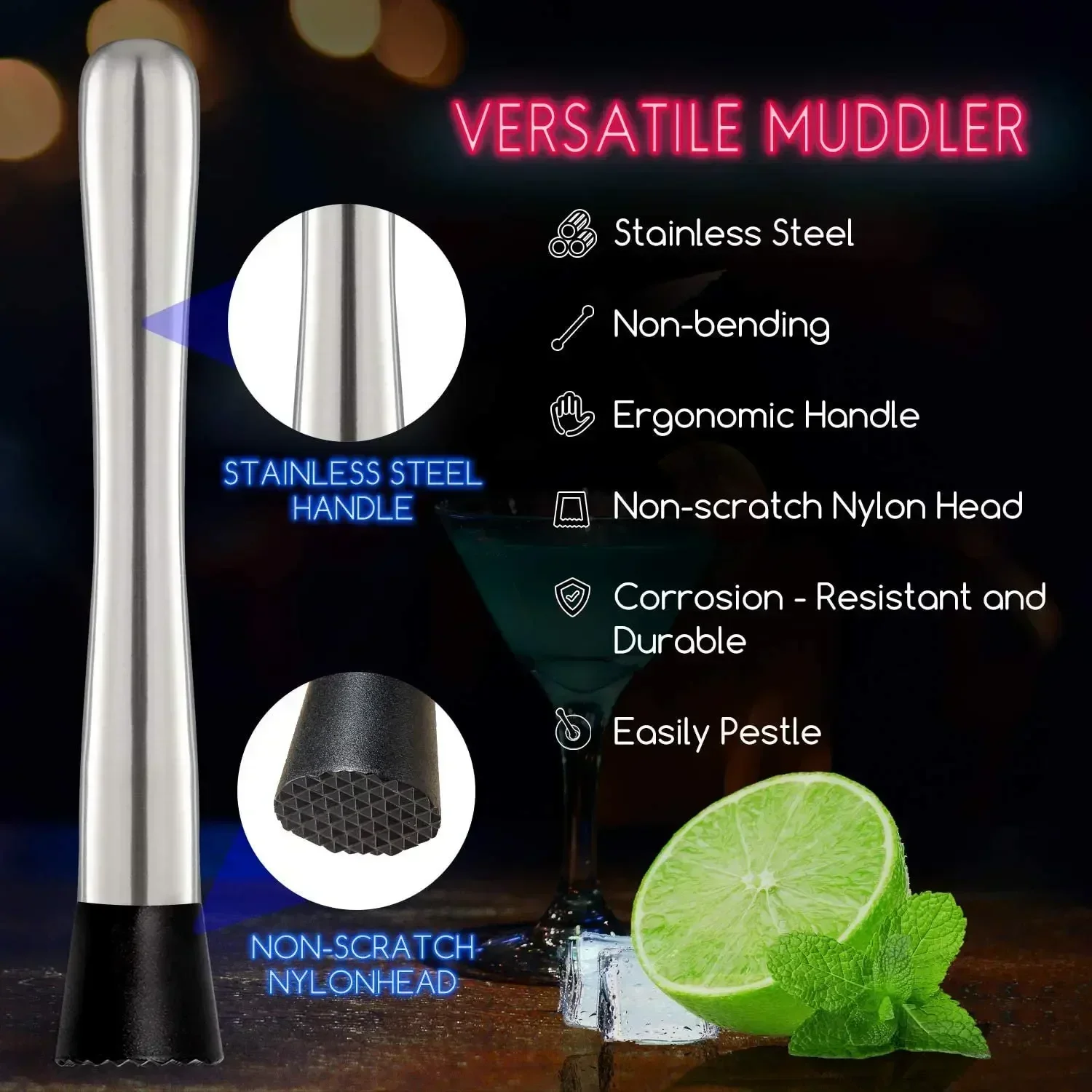 Stainless Steel Cocktail Muddl - Muddler Cocktail Bar avaliação e preço